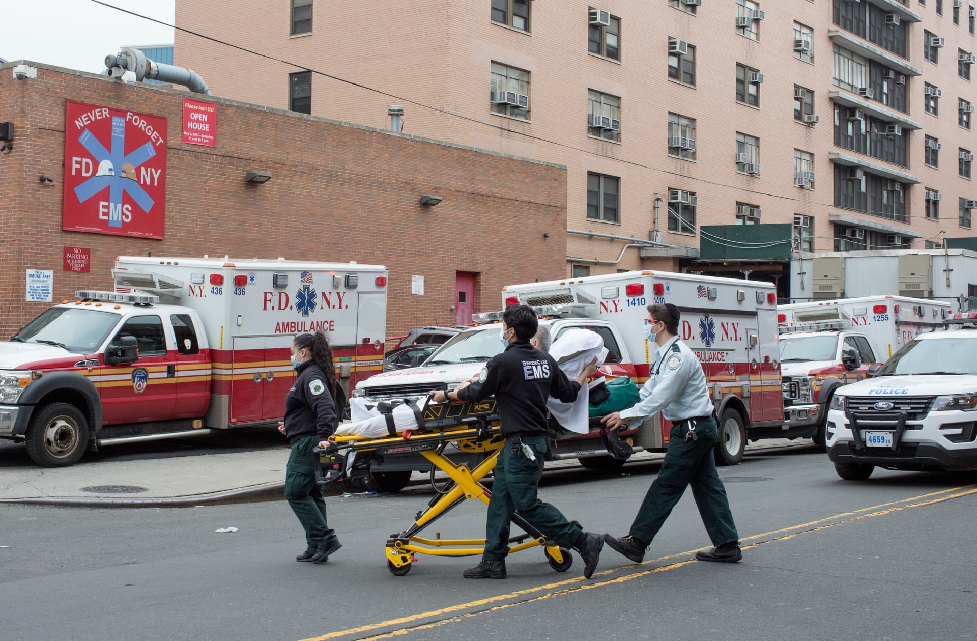Ambulances outside Elmhurst Hospital's trauma unit in Queens, New York. 