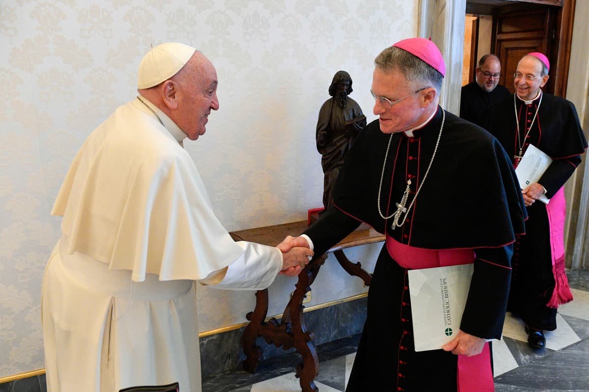 Pope Francis meets with USA Archbishop for the Military Services Monsignor Timothy Broglio during an audience at the Apostolic Palace on April 18, 2024 at Vatican City.