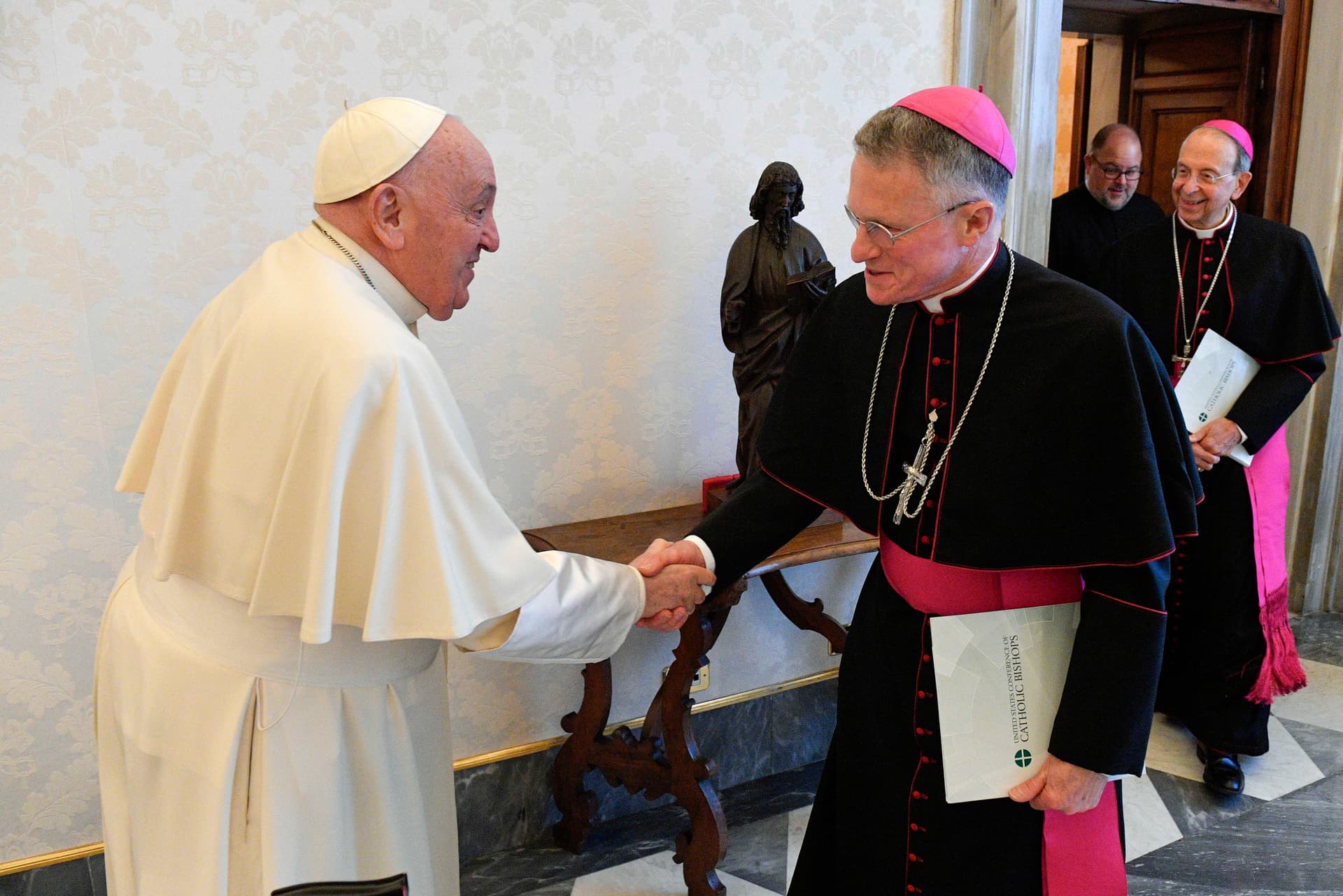 Pope Francis meets with USA Archbishop for the Military Services Monsignor Timothy Broglio during an audience at the Apostolic Palace on April 18, 2024 at Vatican City.