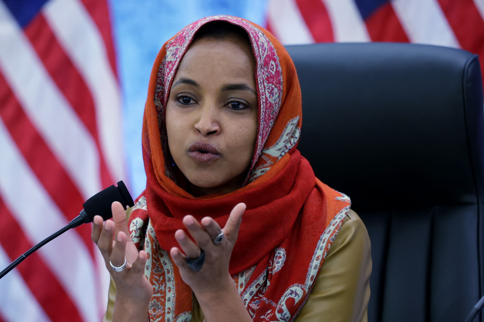 U.S. Rep. Ilhan Omar speaks during a hearing before the House Democratic Steering and Policy Committee.