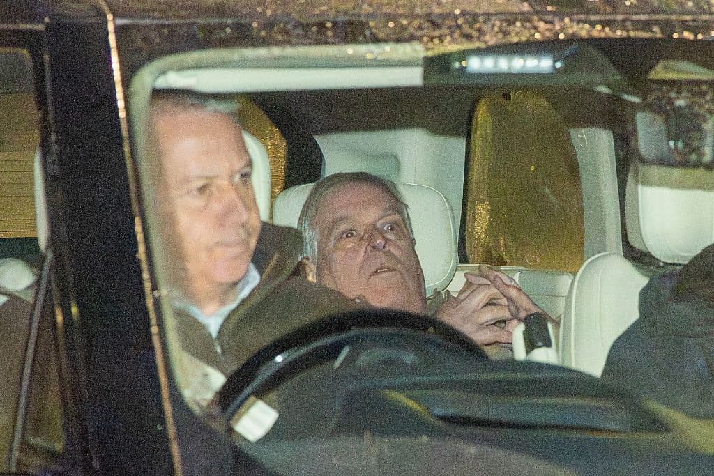 Andrew Mountbatten-Windsor is seen being driven away from a police station following his arrest on suspicion of misconduct in a public office on February 19, 2026 at Aylsham, Norfolk, United Kingdom.