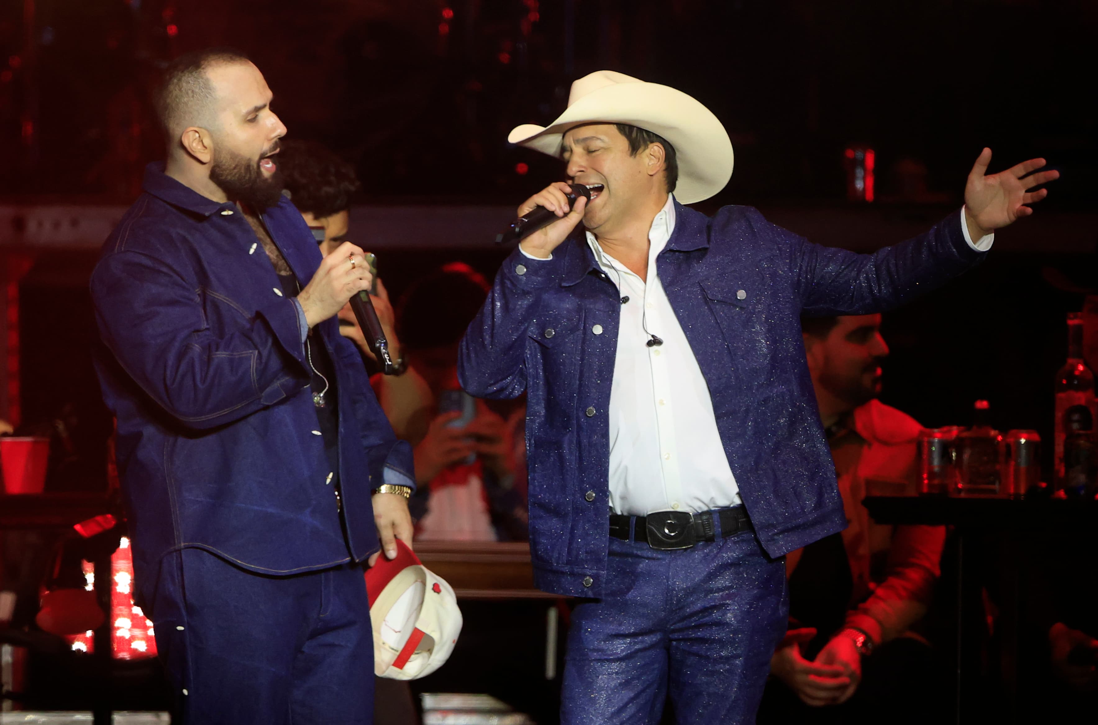 Carín León sings with Bobby Pulido, singer and candidate for the 15th district of Congress in Texas, during La Cura Fest by Carin Leon at EXPOGAN on March 15, 2026 at Hermosillo, Mexico. 
