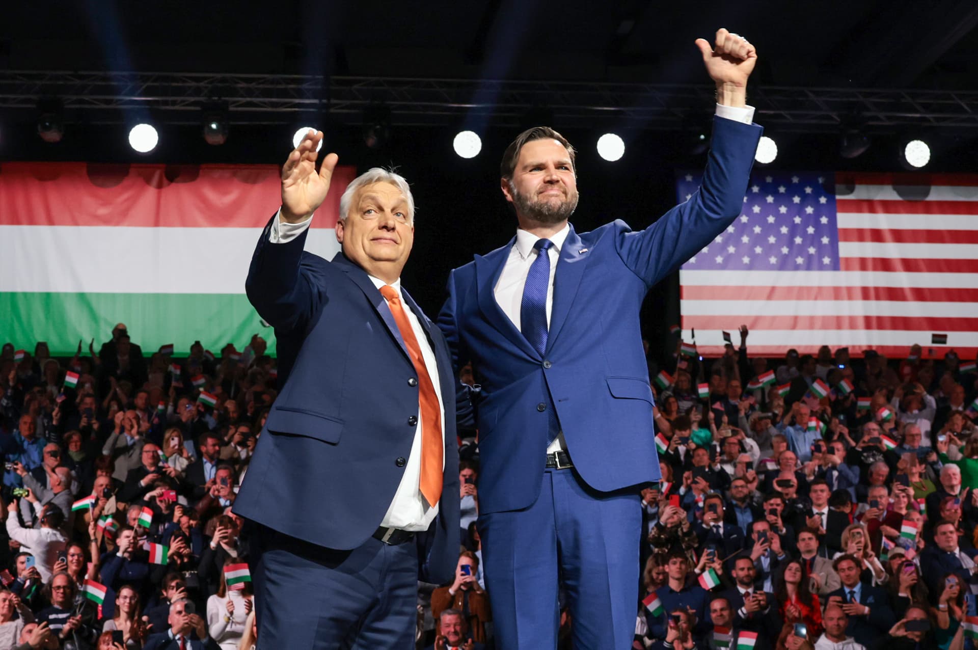 JD Vance appears with Hungarian Prime Minister Viktor Orban on April 7, 2026 in Budapest, Hungary. 