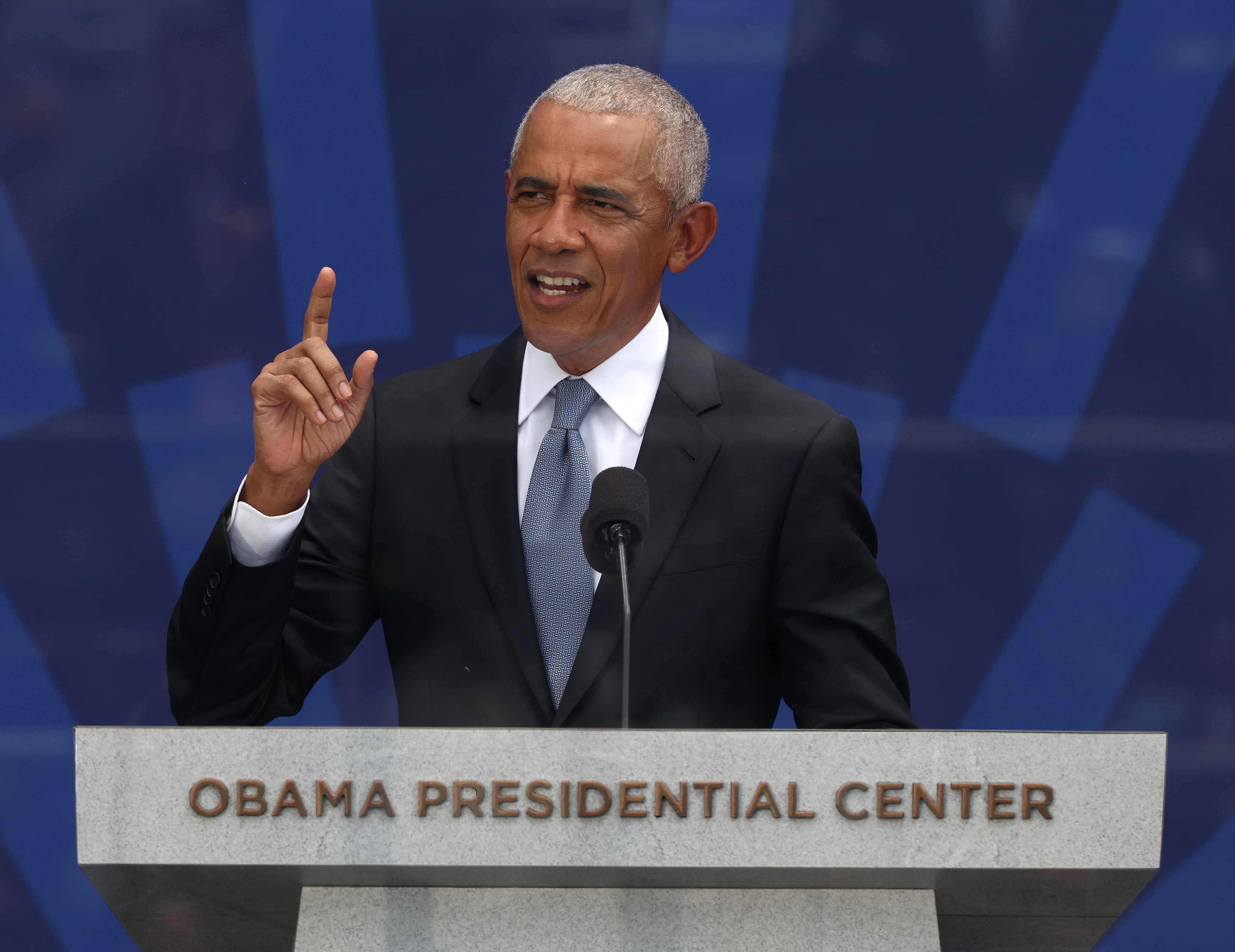 President Barack Obama speaks during the dedication ceremony for the opening of the Barack Obama Presidential Center.