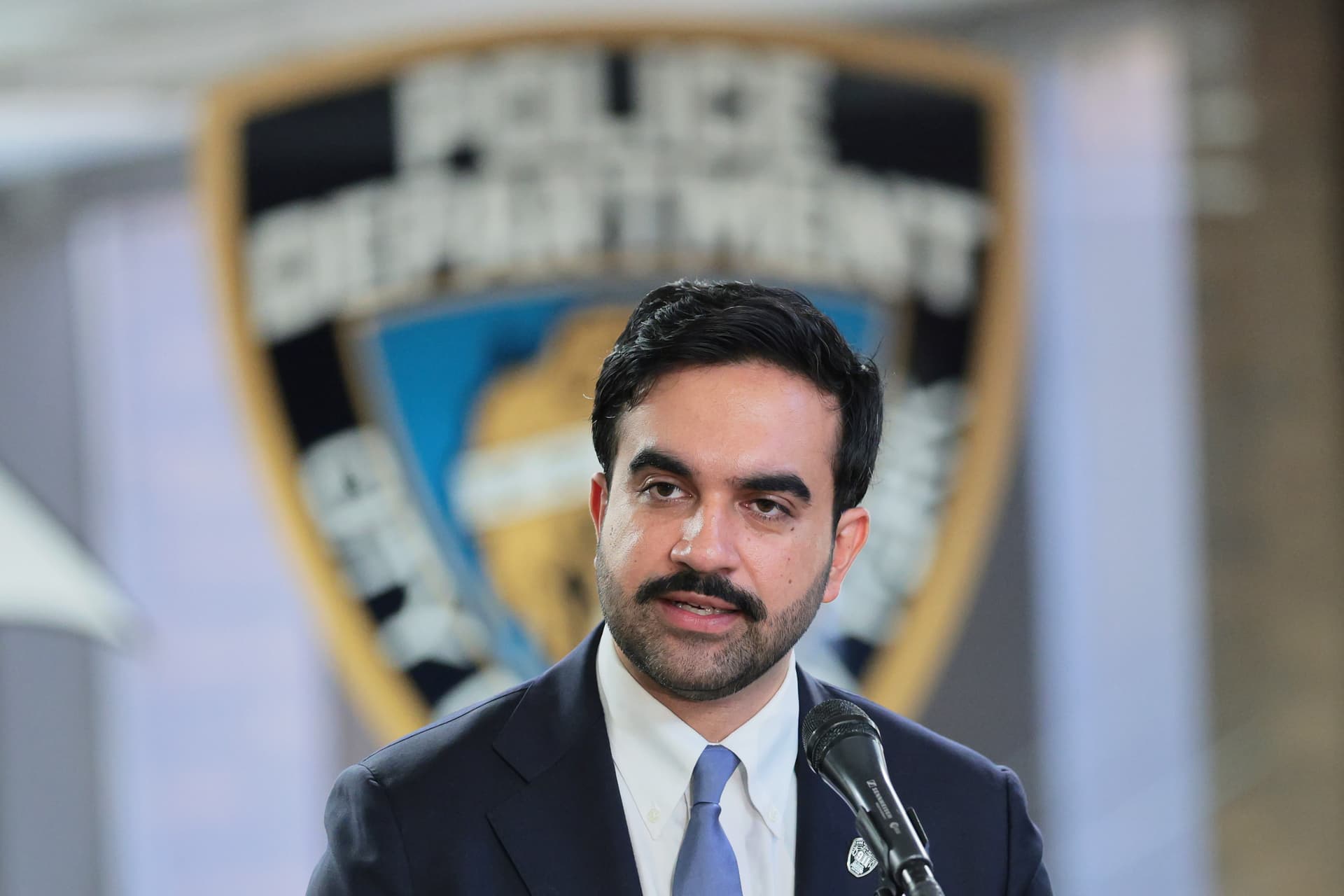 Zohran Mamdani speaks during an unveiling ceremony for a new 9/11 Memorial Wall at One Police Plaza.