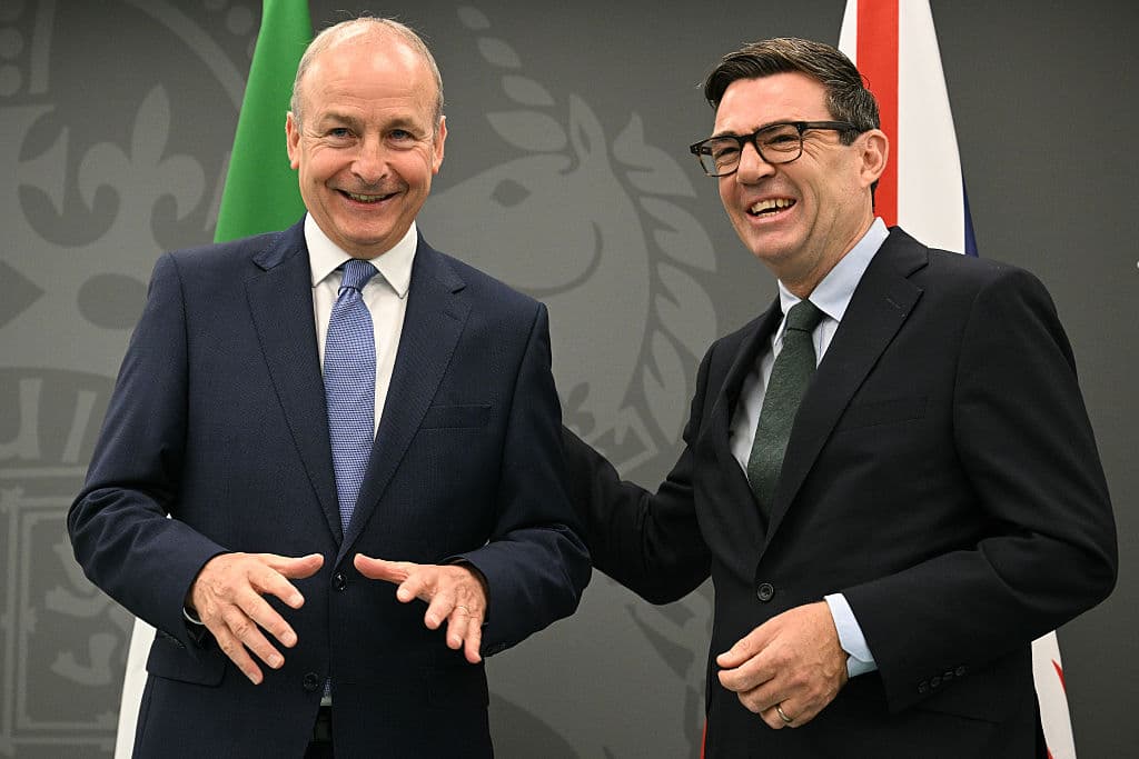 Prime Minister Andy Burnham greets Taoiseach Micheal Martin on September 18, 2026 at Manchester. 