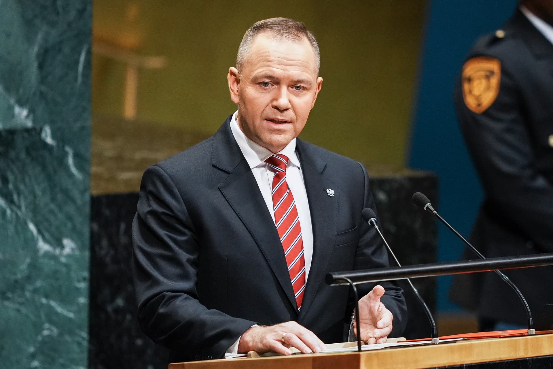 President of Poland Karol Nawrocki speaks during the 81st session of the United Nations (U.N.) General Assembly at U.N. Headquarters on September 23, 2026 at New York City. 