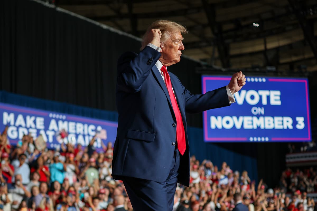 President Trump dances as he leaves the stage after speaking during a campaign rally at the Freeman Coliseum on October 7, 2026 at San Antonio, Texas. 