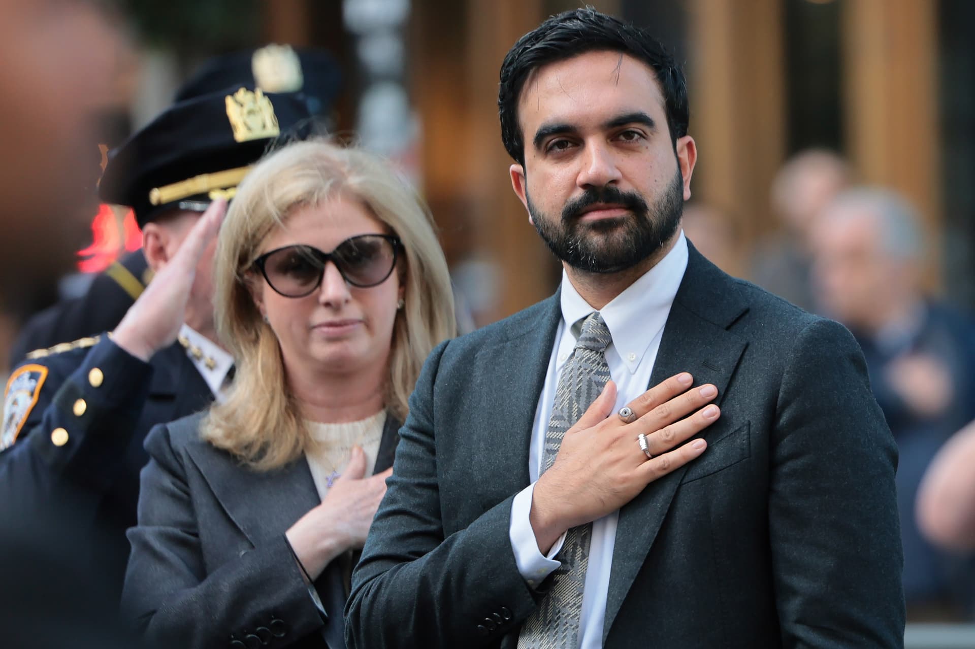 New York Police Commissioner Jessica Tisch and Mayor Zohran Mamdani attend a ceremony at the NYPD Memorial Wall on October 13, 2026 in New York City. 