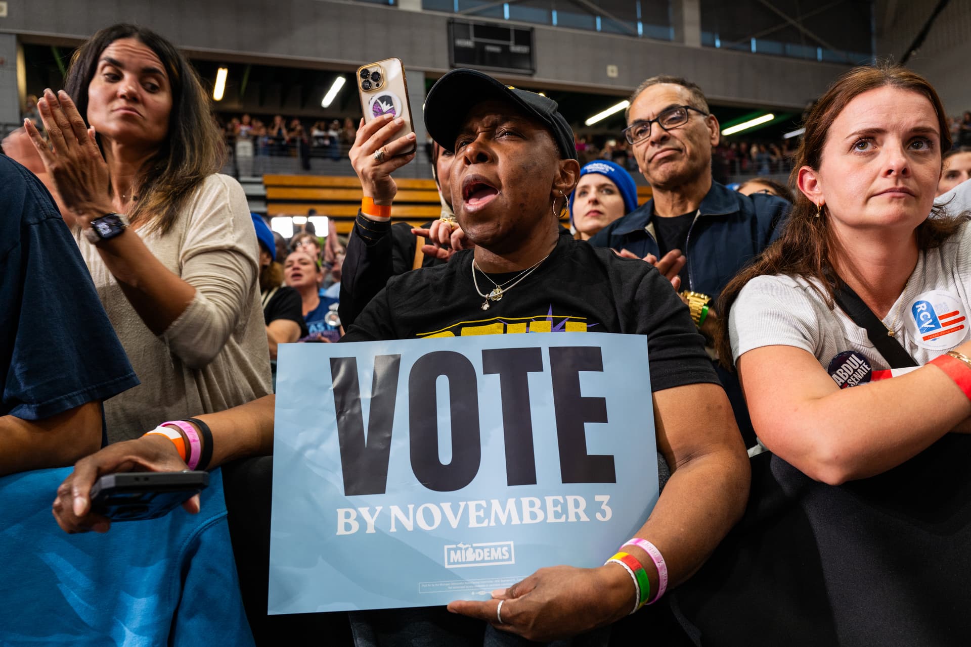 Crowds watch as former President Obama joins Democratic candidates Jocelyn Benson and Abdul El-Sayed during a “Get Out the Vote" rally on October 24, 2026, at Detroit, Michigan.