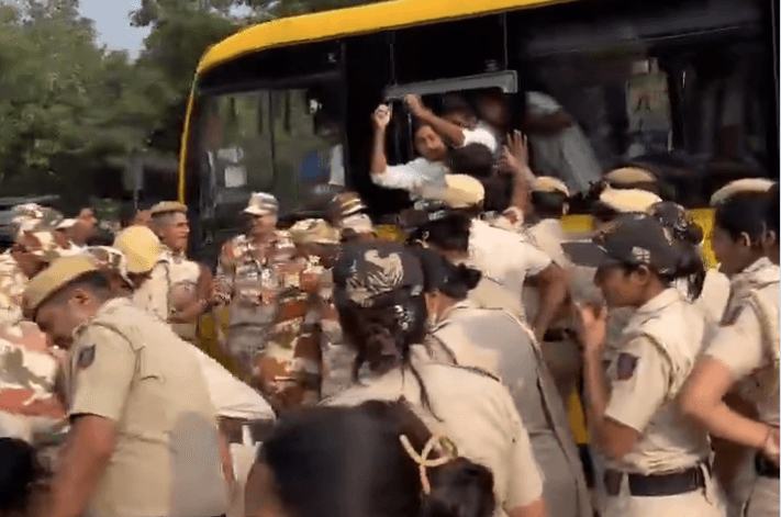 Security forces confront Cockroach Janta Party protesters to prevent them from reaching a mass rally at central New Delhi on October 10, 2026. 