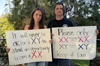 High school runner Sierra Retzlaff and her father Joel Retzlaff protest a decision to allow a biological boy to compete in a schoolgirls’ cross-country race.