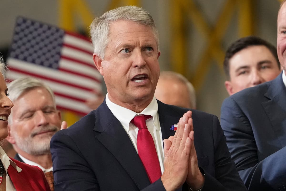 Senator Roger Marshall gestures as Vice President JD Vance speaks during an event at Webco Manufacturing on September 14, 2026, at Olathe, Kansas. 
