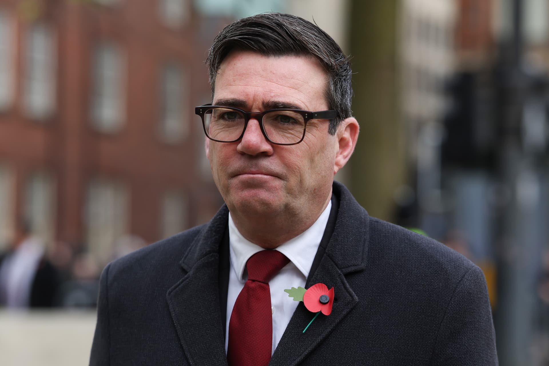 Prime Minister Andy Burnham, then the mayor of Manchester, sporting a poppy pin on Remembrance Sunday on November 9, 2025. 