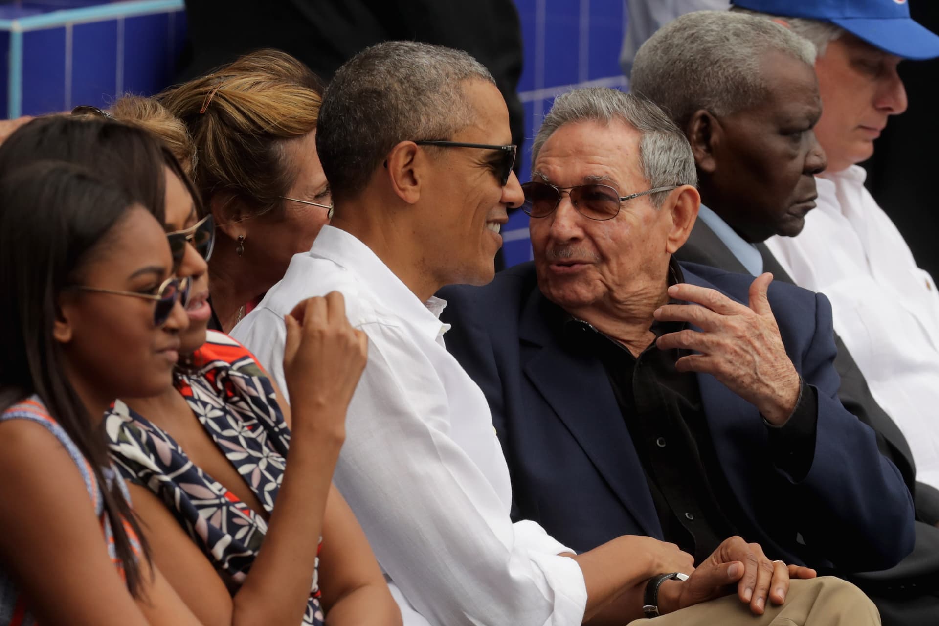 President Obama, center, and President Raul Castro, right, at Havana for a baseball game between the Cuban national team and the Tampa Bay Devil Rays on March 22, 2016. 