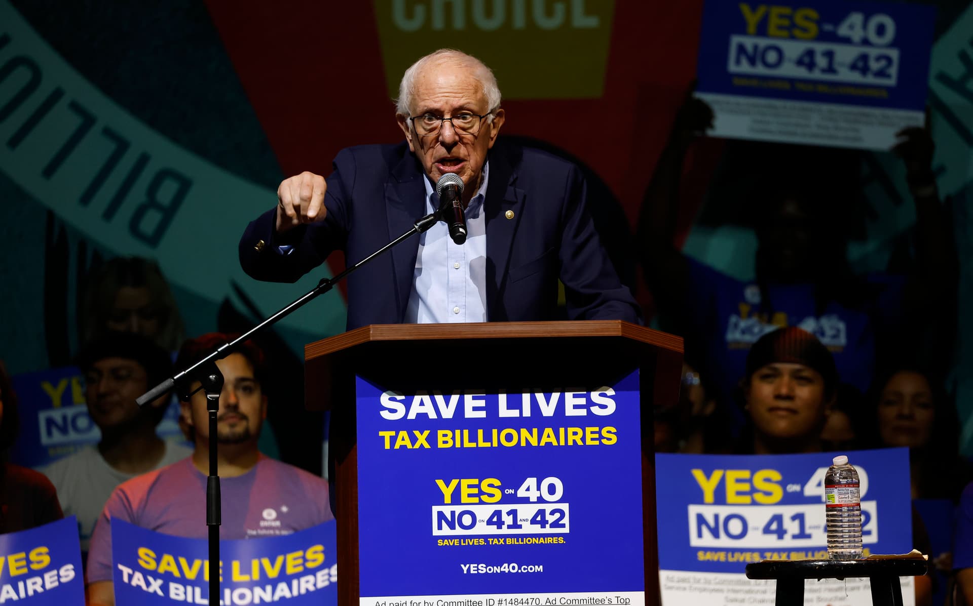 Senator Bernie Sanders during at a rally dubbed 'Ballots Over Billionaires' on October 05, 2026 at Los Angeles, 