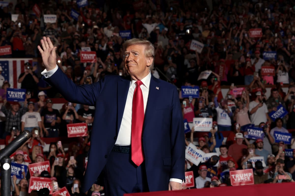 President Trump speaks during a campaign rally at Williams Arena at Minges Coliseum on October 21, 2024 at Greenville, North Carolina. 