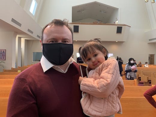 Andrew Tsintsiruk with 2-year-old Veronica at the Ukrainian Catholic National Shrine of the Holy Family in Washington, D.C. Mark Judge