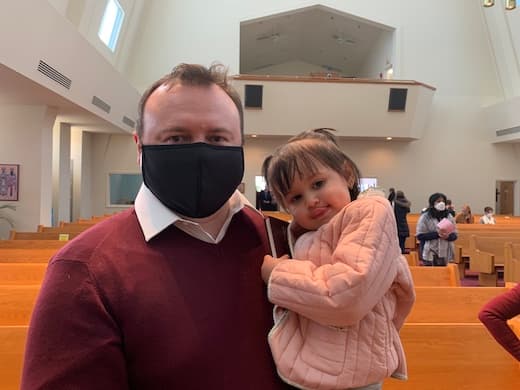 Andrew Tsintsiruk with 2-year-old Veronica at the Ukrainian Catholic National Shrine of the Holy Family in Washington, D.C. Mark Judge Featured image for Hope, Defiance at a Ukrainian Church in Washington