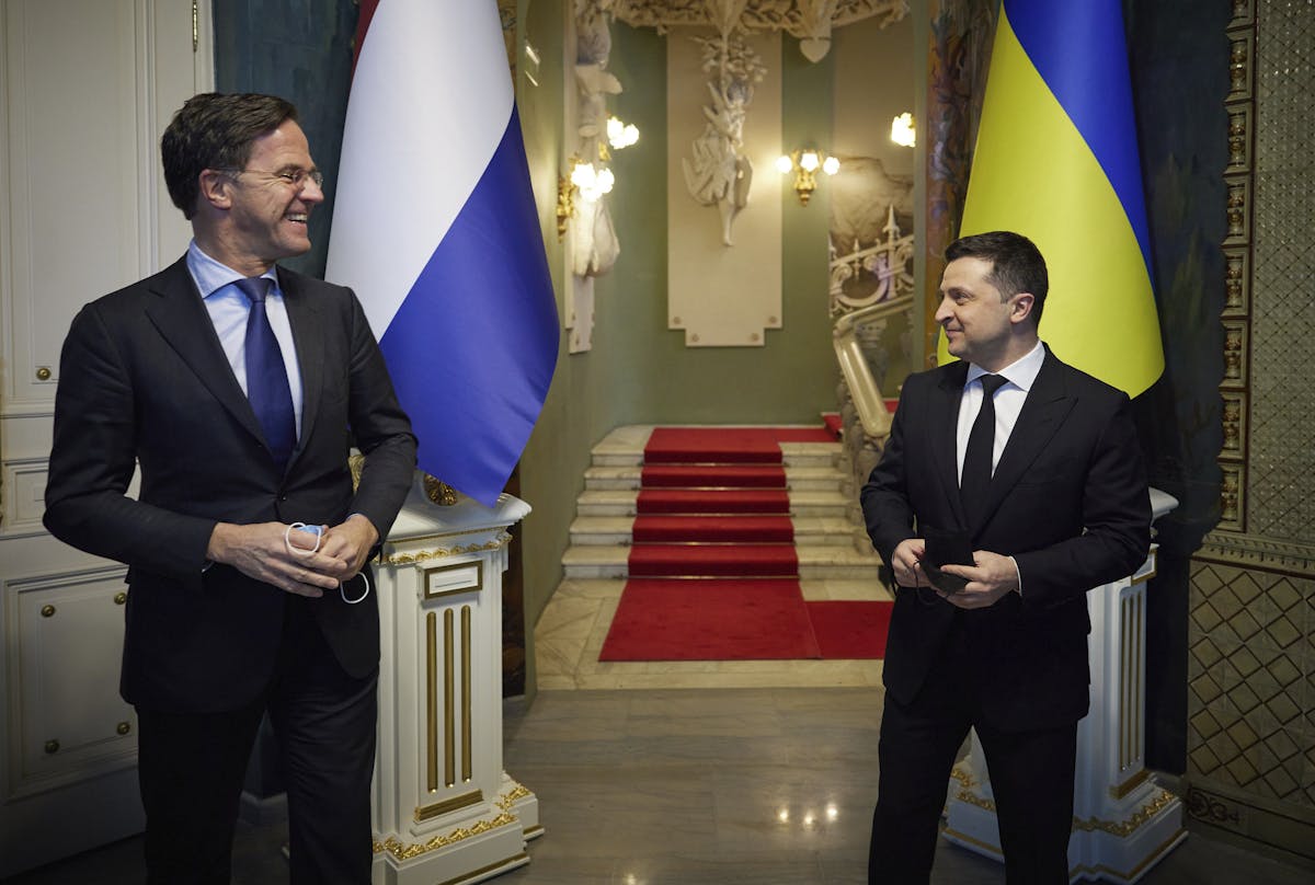Prime Minister Rutte and President Zelenskyy during their meeting in Kyiv, February 2, 2022. Ukrainian Presidential Press Office via AP