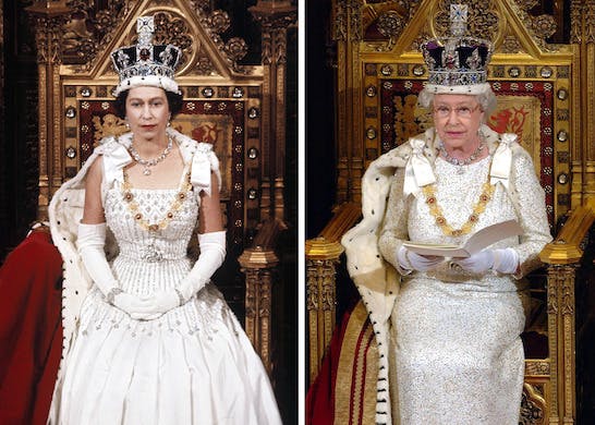 Queen Elizabeth II in April 1966, left, and November 2006. AP/Arthur Edwards/pool, file