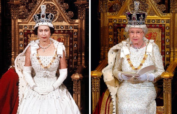 Elizabeth in 1996, at left, and in 2006. AP/Arthur Edwards.