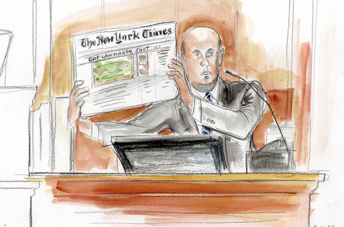 A courtroom sketch of erstwhile New York Times editorial page editor James Bennet. AP Photo/Elizabeth Williams.