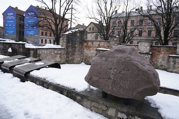 A memorial on the ruins of the Riga Choral Synagogue burned to the ground by Nazis in 1941, in Riga, Latvia, February 10, 2022. AP/Roman Koksarov