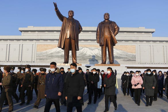 Statues of Kim Il-sung, left, and Kim Jong-il at Pyongyang February 16, 2022. AP/Jon Chol Jin