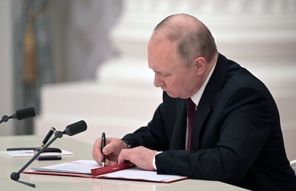 President Putin at the Kremlin February 21, 2022. Alexei Nikolsky, Sputnik, Kremlin pool photo via AP