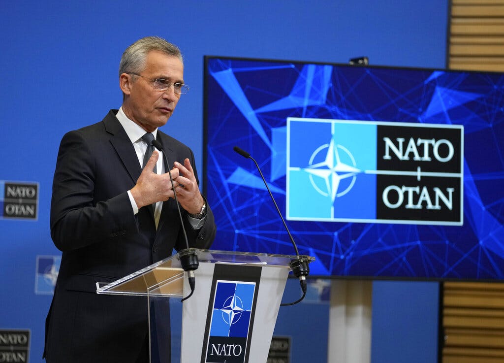 The NATO secretary general, Jens Stoltenberg, at Brussels February 24, 2022. AP/Virginia Mayo, file