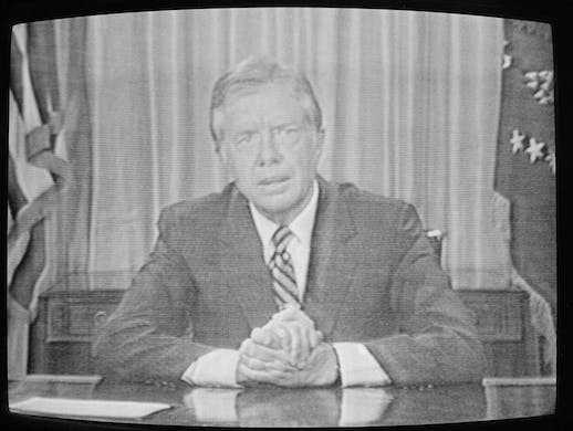 President Carter pictured on television as he speaks to the nation from the Oval Office, July 15, 1979. He asks the country to ‘join hands’ to solve the nation’s energy problems. AP photo