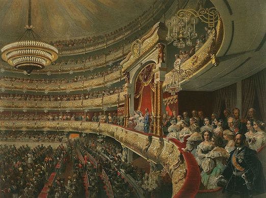 ‘Performance in the Bolshoi Theatre’ from the Alexander II coronation book of 1856. Via Wikimedia Commons