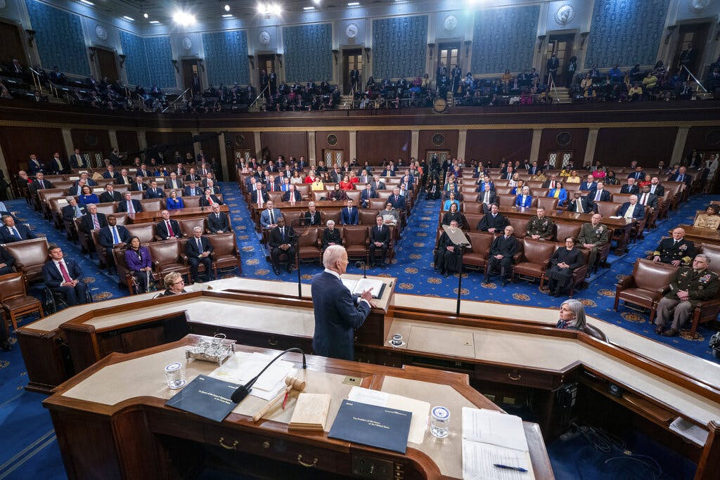 President Biden delivers his first State of the Union address at the Capitol March 1, 2022. Shawn Thew/pool via AP