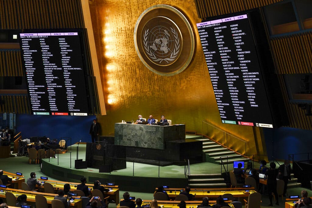 United Nations members vote on a resolution concerning the Ukraine situation during an emergency meeting of the General Assembly March 2, 2022. AP/Seth Wenig