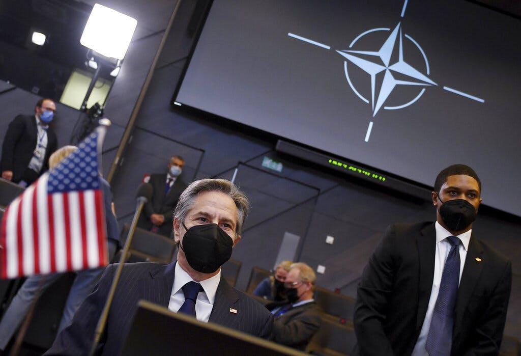 Secretary of State Blinken at NATO headquarters at Brussels, on March 4, 2022. AP/Olivier Douliery, Pool Photo
