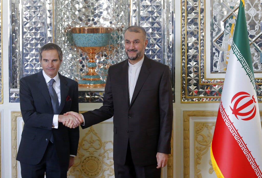 The International Atomic Energy Organization director general, Rafael Mariano Grossi, left, and Iran's foreign minister, Hossein Amirabdollahian, at Tehran March 5, 2022. AP photo