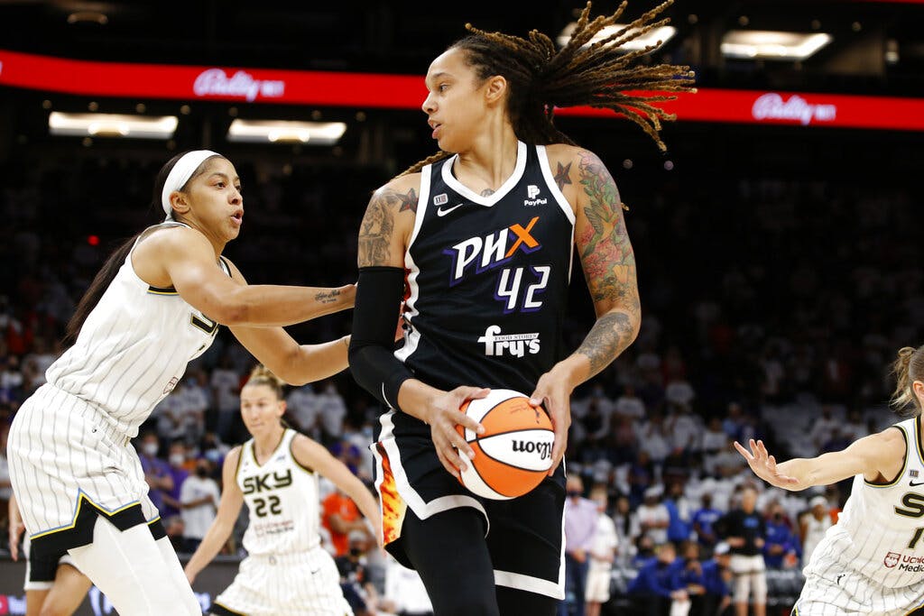 Brittney Griner of the Phoenix Mercury looks to pass during a game October 10, 2021. She was arrested last month at a Moscow airport. AP/Ralph Freso, file