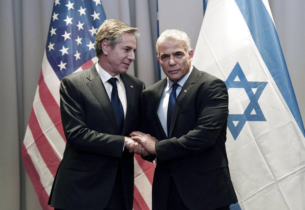 Israel is America’s greatest ally in the Middle East — maybe in the entire world. Secretary of State Blinken, left, with the Israeli foreign minister, Yair Lapid, March 7, 2022. Olivier Douliery, pool via AP