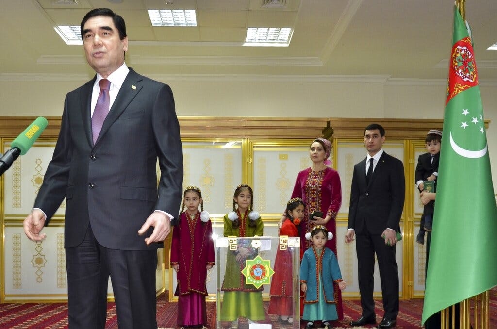 Turkmenistan's president Gurbanguly Berdimuhamedov, left, and his son Serdar Berdymukhamedov, second right, in 2017. AP Photo/Alexander Vershinin, file
