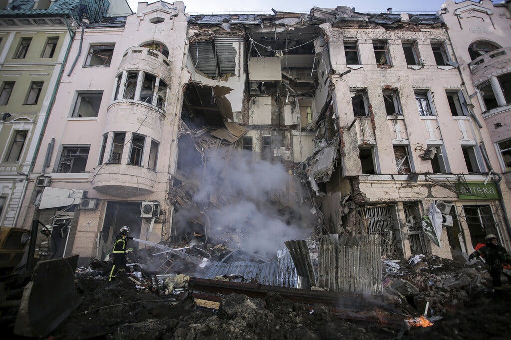 Damage from a Russian rocket attack in Kharkiv, Ukraine, on Monday. AP Photo/Pavel Dorogoy