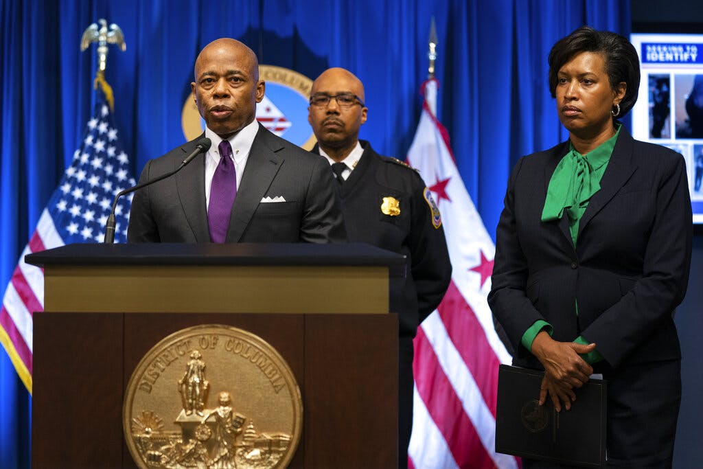 New York Mayor Eric Adams speaks during a news conference with Washington Mayor Muriel Bowser about the search suspect on Monday, March 14, 2022, in Washington. AP Photo/Evan Vucci