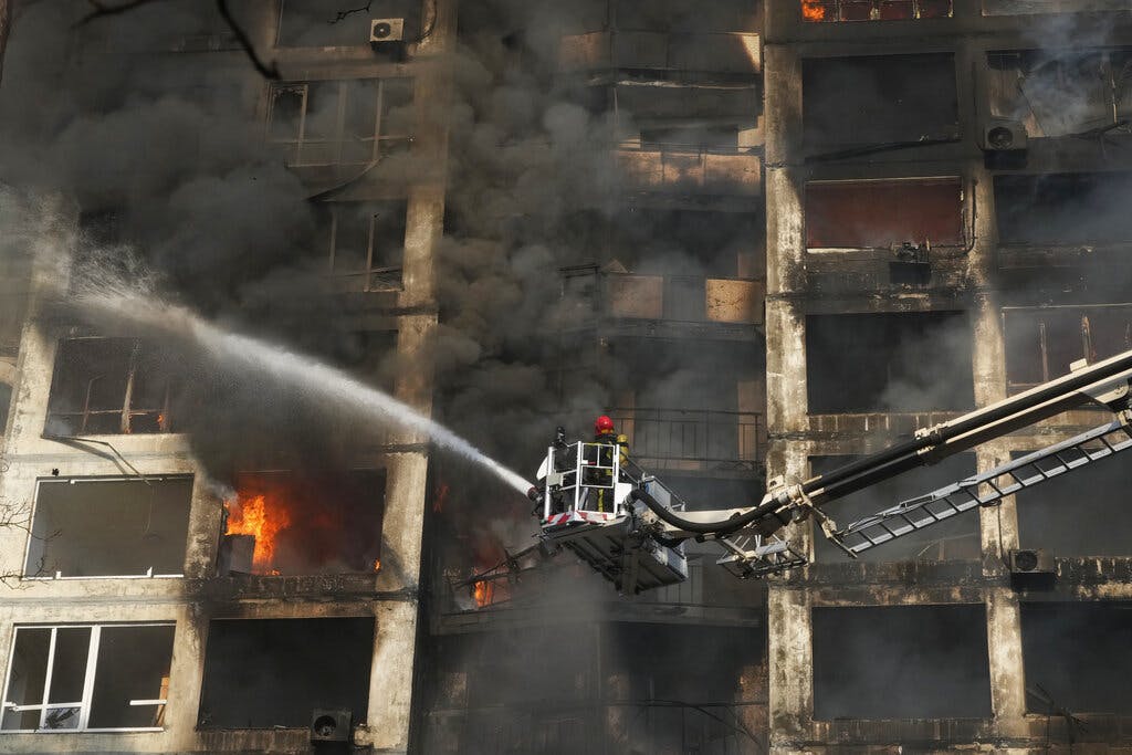 A Kiev apartment building damaged by Russian shelling, March 15, 2022. AP/Efrem Lukatsky