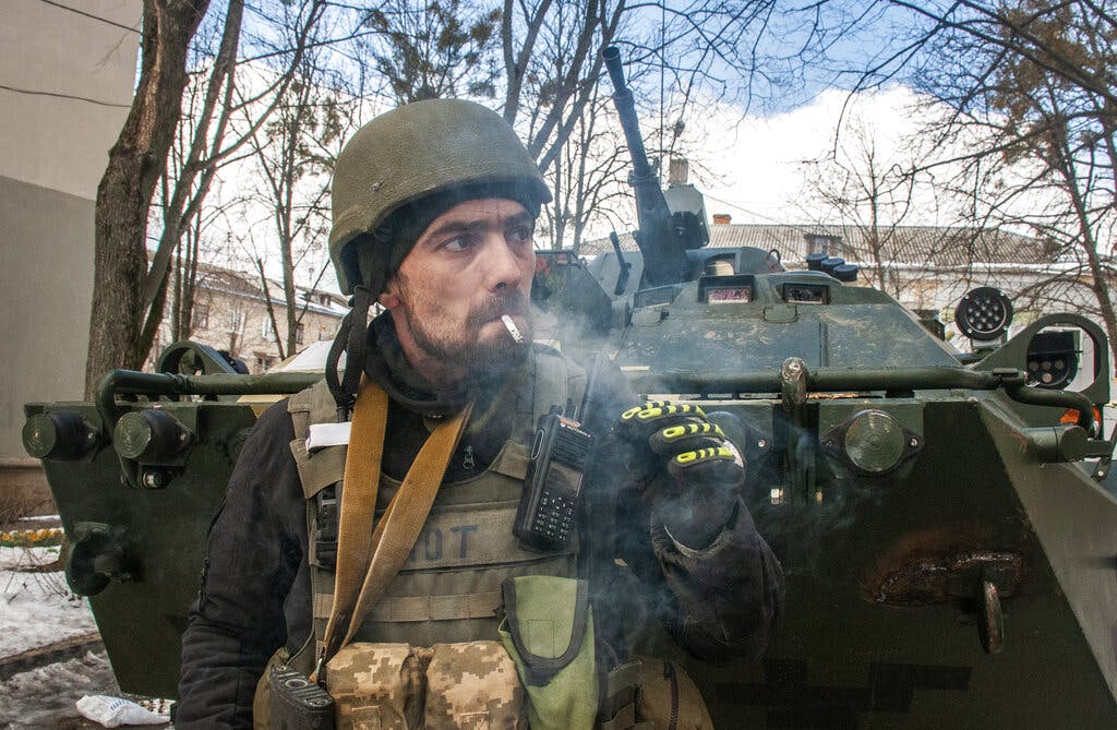 A volunteer of the Ukrainian Territorial Defense Forces at Kharkiv, Ukraine. AP Photo/Andrew Marienko