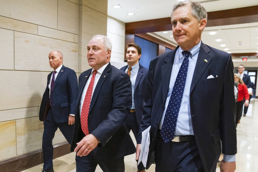 Representatives French Hill, right, and Stephen Scalise at the Capitol on Wednesday, March 16. AP Photo/Manuel Balce Ceneta