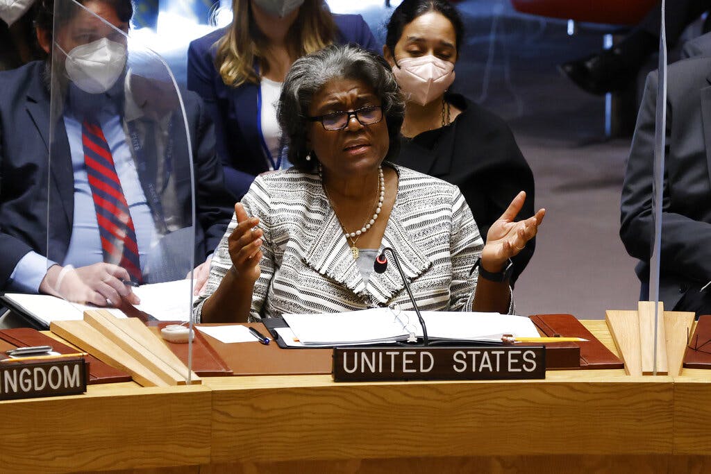The American ambassador to the United Nations, Linda Thomas-Greenfield, March 18, 2022. AP/Jason DeCrow