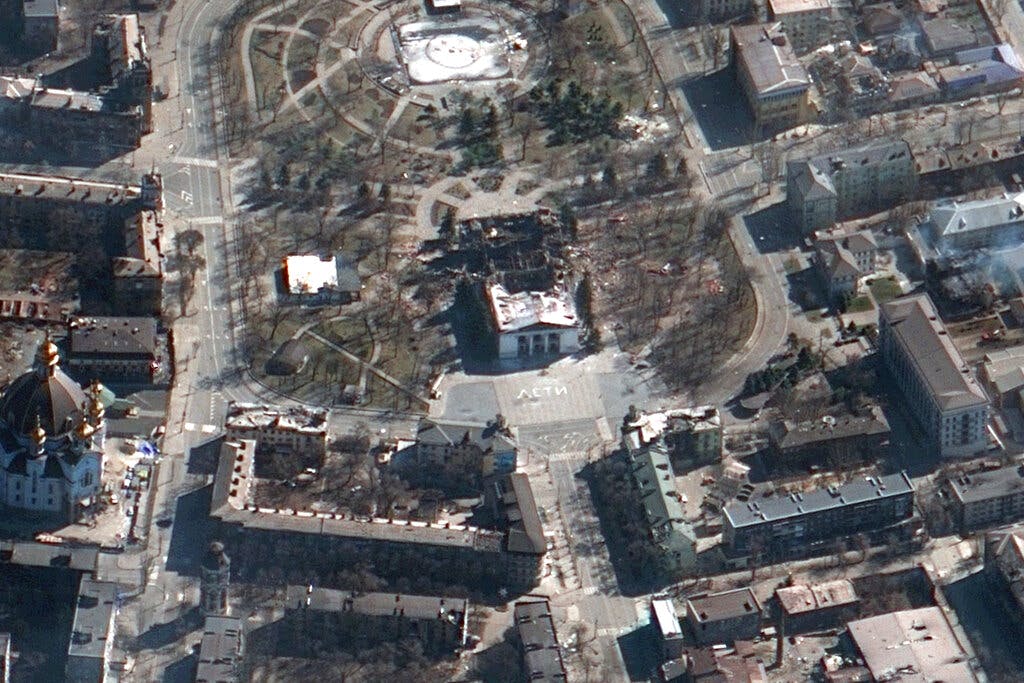 The aftermath of the airstrike on the Mariupol Drama theater, Ukraine. Satellite image ©2022 Maxar Technologies via AP