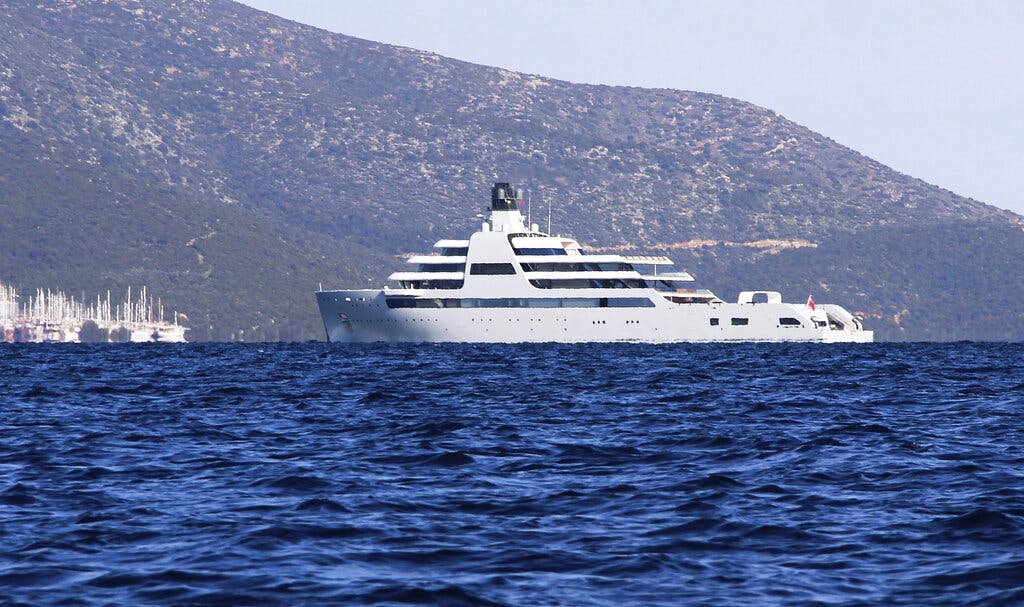 A yacht that belongs to Roman Abramovich sails near the Aegean coastal resort of Bodrum, Turkey, March 21, 2022. IHA via AP