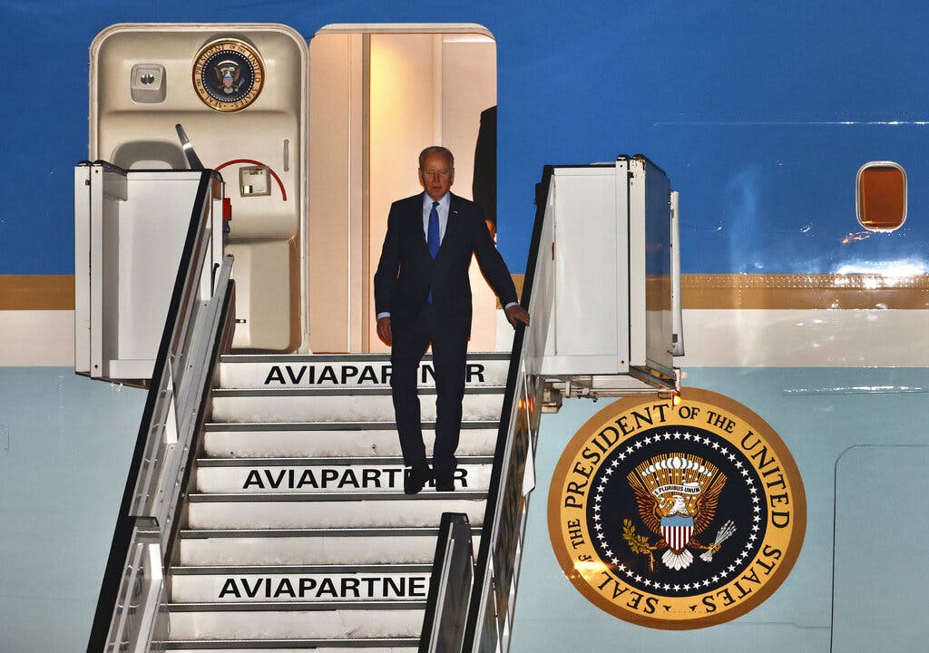 President Biden steps off Air Force One at Melsbroek military airport at Brussels March 23, 2022. AP/Olivier Matthys