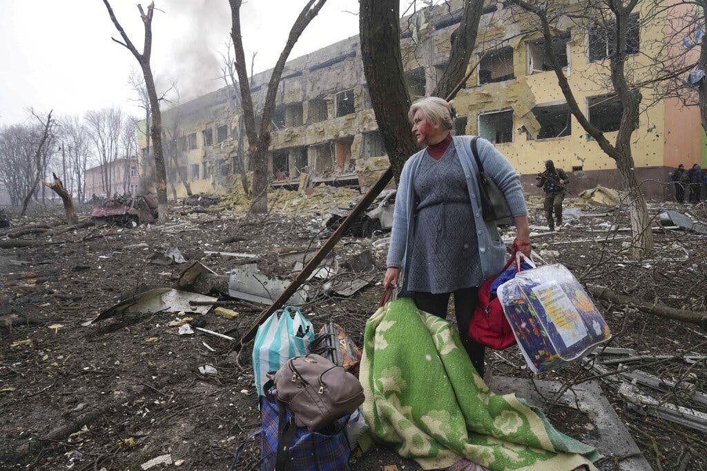 Outside a Mariupol maternity hospital that was damaged by shelling March 9, 2022. AP/Evgeniy Maloletka, file